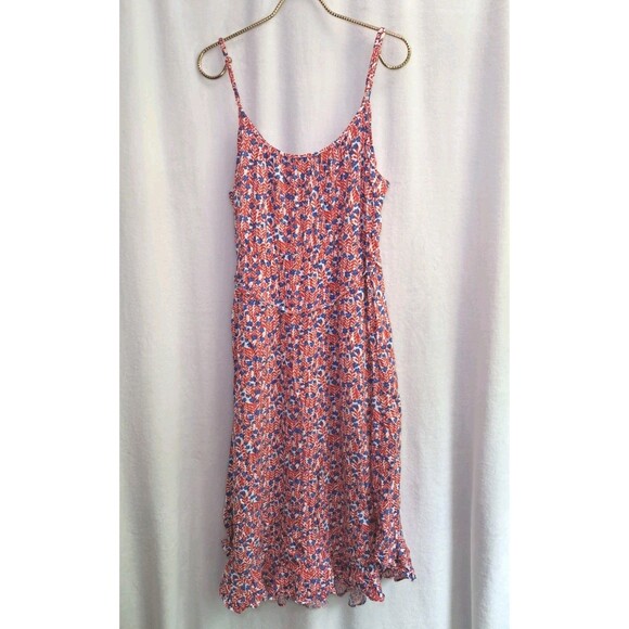 J. Crew Ruffle Midi Curved Hem Dress Red Blue Floral Strappy BI399 Size 14 - Picture 7 of 12